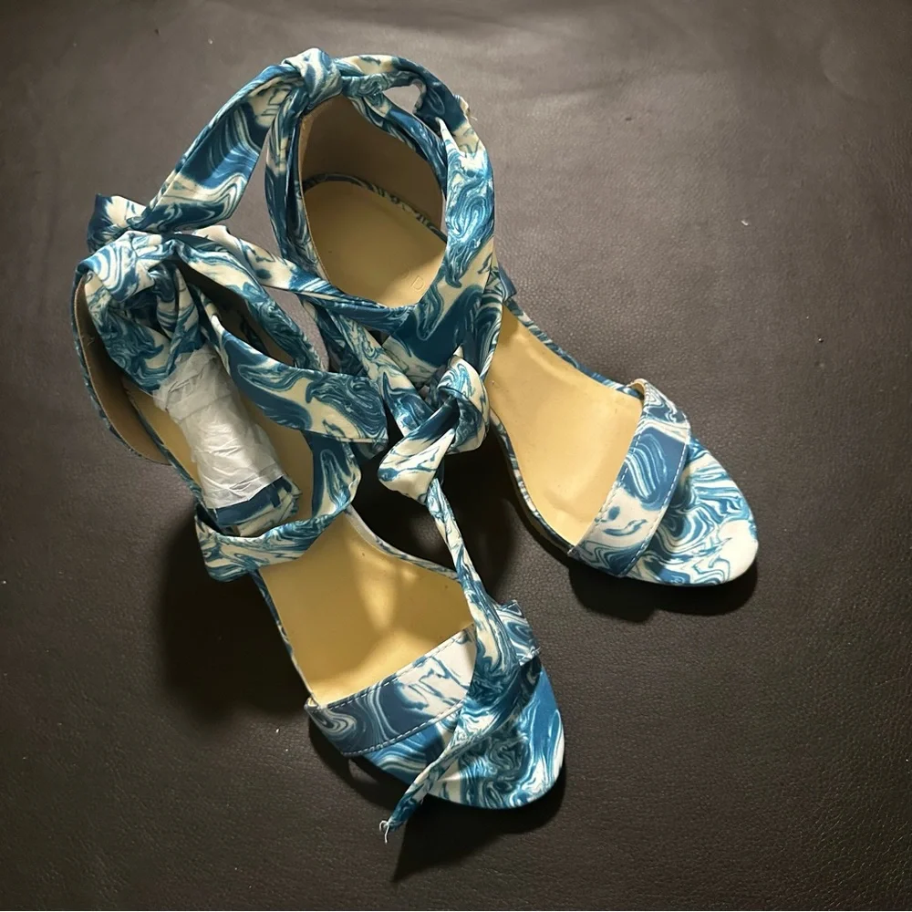 Wild Diva Satin Lace-Up Marble Block Heel Sandals